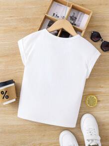 SHEIN Girls Cute Girl Print Round Neck Knit T-Shirt,Suitable For Spring And Summer - White - View 2