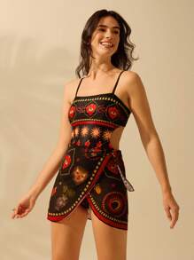 CAJUNI Women's Boho Print Vacation Casual Beach Swimming Black Strap One-Piece Swimsuit