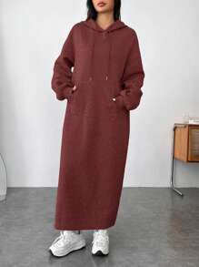 SHEIN EZwear Vestido casual con capucha y bolsillos para mujer talla grande, vestido sudadera de manga larga con corte holgado y detalle de abertura, apropiado para uso diario, otoño/invierno
