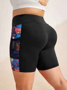 Easithlete Plus Size Patchwork Print & Mesh Pocket Side Casual Sports Shorts, Spring/Summer - Multicolor - View 1