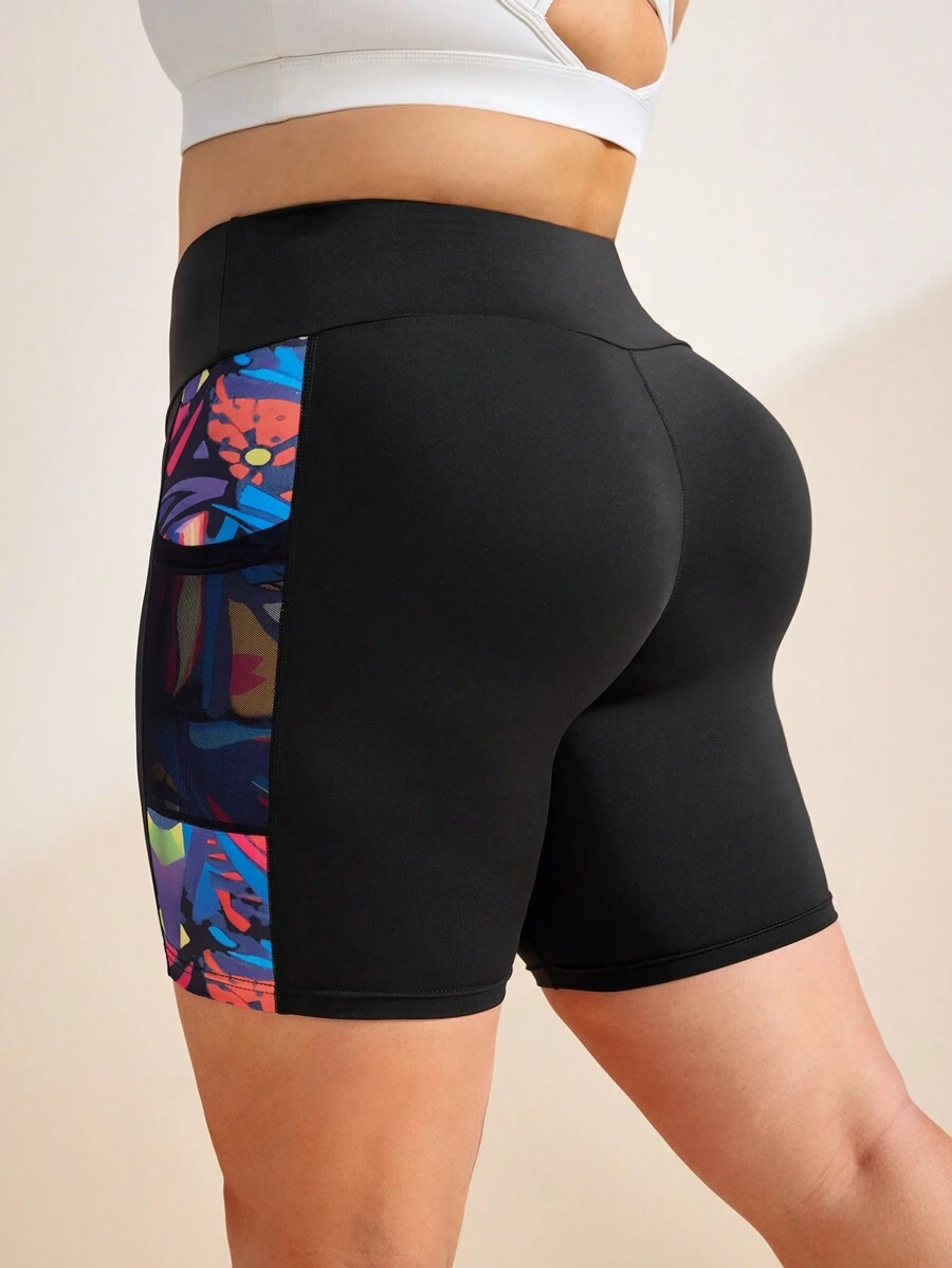 Easithlete Plus Size Patchwork Print & Mesh Pocket Side Casual Sports Shorts, Spring/Summer - Multicolor - View 1