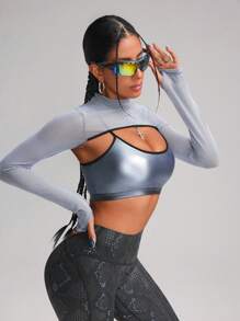 Innovista Conjunto de 2 piezas de ropa deportiva recortada para mujer, 2 piezas y 2 en 1 de sujetador deportivo y camiseta de piel sintética con estampado de láminas, conjuntos de entrenamiento de alta elasticidad, transpirables y secado rápido para gimnasio, de uso glamoroso y sexy para fiestas, de corte atrevido y único, para festivales de música, chándal, fuerza, yoga, barra, baile, primavera, bicicleta, ciclo, eléctrico, lencería, ropa interior, lujo, sudaderas, multiuso, modular, San Valentín