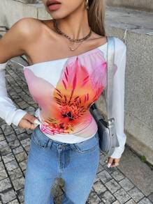 Chiquease 1pc Women's Floral Print Oblique Shoulder Long Sleeve T-Shirt, Minimalist & Fashionable For Casual Daily Wear - White - View 4