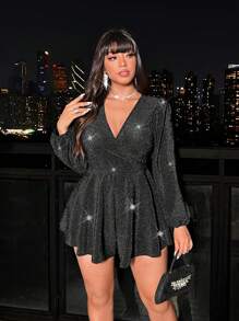 SHEIN LUNE 大码 V 领长袖宽腿连体裤 - 黑色 - 查看 1