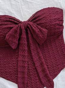 Soleia Casual Tie-Up Asymmetrical Fitted Bustier Top - Burgundy - View 6