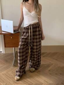 CovetEZ 女士棕色格子复古舒适休闲裤，适合秋冬季 - 棕色 - 查看 6