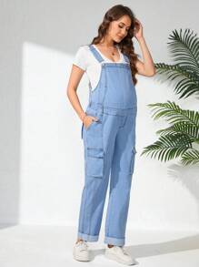 SHEIN Denim-Latzhose mit breiten Trägern, Knöpfen und Taschen, einfach und lässig für schwangere Frauen