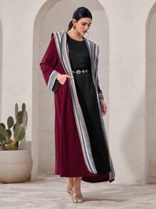 Al Najma Modest Geometric Print Hooded Long Sleeve Arabic Abaya Jacket For Women, Abayas - Red - View 6