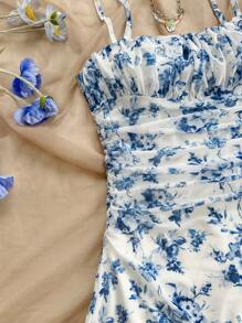 Soleia 大码女式波西米亚风返校花卉印花荷叶边度假连衣裙，春夏季，适合度假、毕业、返校 - 藍色 - 查看 3