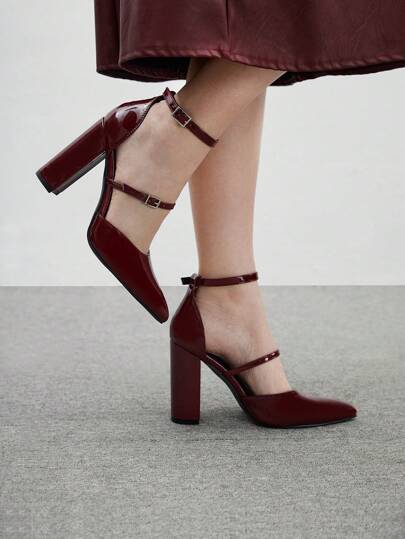 CUCCOO BIZCHIC Zapatos de tacón alto con decoración de rhinestones y correa, color borgoña, elegante para oficina y uso diario, estilo vintage, adecuado para primavera y el Día de San Valentín