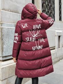 SHEIN Cottnline Plus Size Women Long Sleeve Zip Front Casual Padded Coat With Slogan Print, Winter - Burgundy - View 2