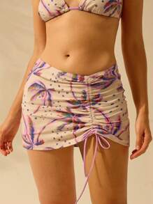 CAJUNI Women's Boho Tropical Colorful Coconut Tree Print Casual Holiday Summer Beach Swimwear Bottom Skirt