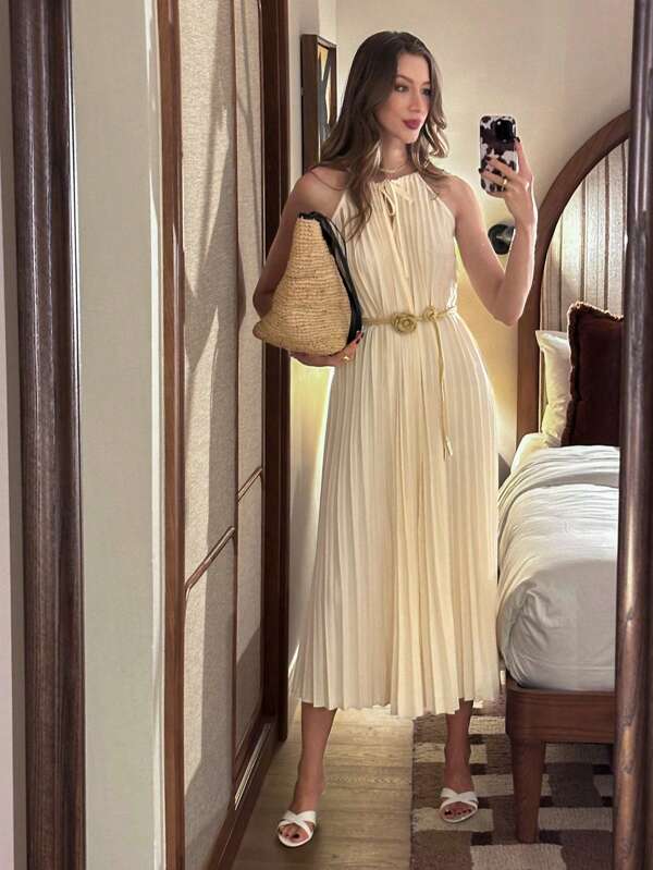 Pariaura Women's Fashion Simple Design Pleated Halterneck Tie Dress, Apricot Color