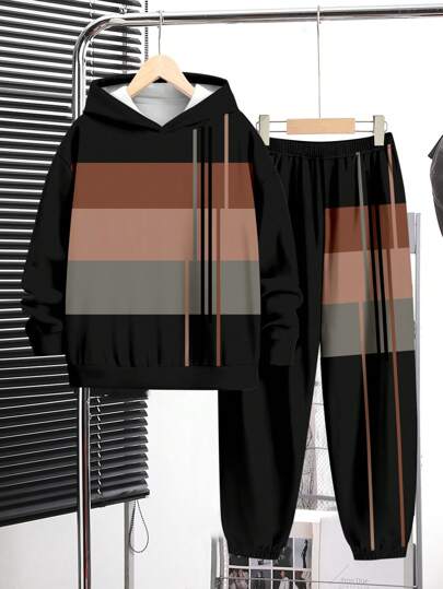 SHEIN Leap Crew Casual Loose Fit Teenager Boy Long Sleeve Hooded Sweatshirt Set, Comfortable For Autumn/Winter