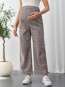 SHEIN Pantalones rectos casuales sueltos a cuadros para maternidad