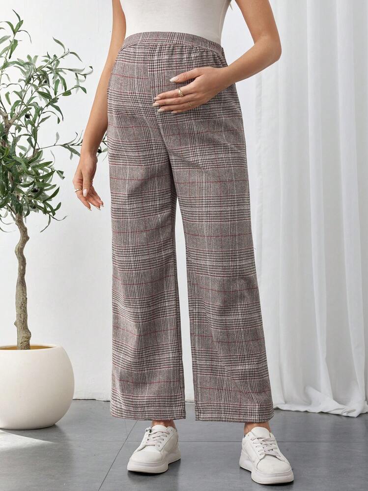 SHEIN Maternity Loose Plaid Casual Straight Pants - Coffee Brown - View 4