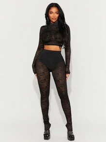 SHEIN SXY Valentine's Day Black Rose Lace Patchwork Sheer Long Sleeve Top And Black Footless Pants Sexy 2 Pieces Set For Women
