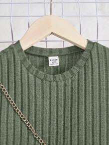 SHEIN Tween女孩針織純色休閒短袖連衣裙，配心形斜挎包