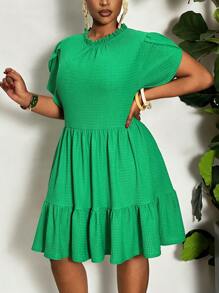 Slaydiva Nuevo vestido verde casual y minimalista con estilo versátil y sencillo, con cuello en V, volantes y parches, corte ajustado y suelto, estilo línea A, adecuado para primavera/verano - Verde - Ver 6