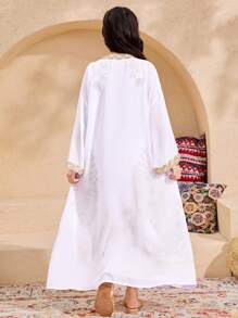 SHEIN Leap Crew Tween Girl Loose Elegant Sleeveless Round Neck Retro Print Chiffon Dress & Traditional Long Robe Two-Piece Set, Spring/Summer - Pink - View 5