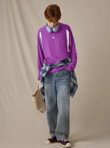 Manfinity VCAY Camiseta de manga larga de ajuste holgado y casual de estilo elegante de punto para hombre con efecto patchwork - Morado - Ver 4