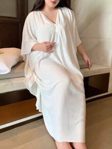 Dazy Plus 深 V 领长袖大码长袍，白色，四季皆宜 - 白色 - 查看 10