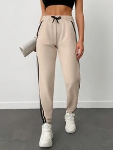 Cottnline 95% Cotton Contrast Tape Drawstring Waist Slant Pocket Sweatpants - Beige - View 4