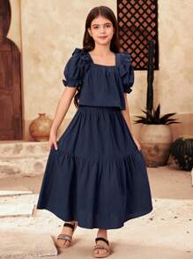 SHEIN Tween 女孩休闲两件套：宽松方领荷叶边泡泡袖上衣和裙子 - 白色 - 查看 3