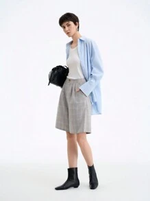 Aalyst Women's Simple Versatile Plaid Random Cut Elegant Commuter Front Waist Pleated Side Slant Pocket Shorts - Multicolor - View 6