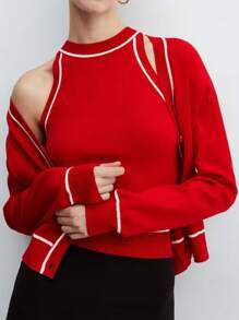 SHEIN Essnce 2 件套女式撞色前扣长袖简约夹克和套头衫 - 紅色 - 查看 2