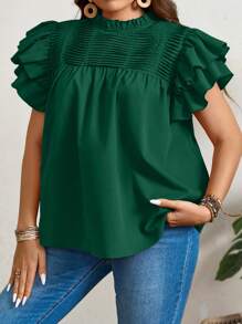 SHEIN LUNE 大码纯色荷叶边简约衬衫，女士休闲日常穿着夏季情人节商务休闲女士外出上衣女士商务休闲女士海滩圣帕特里克节春假圣帕特里克节户外日常穿着必备品 - 墨綠色 - 查看 6