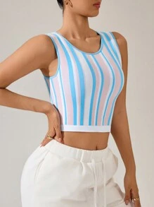 Easithlete 女士圆领休闲条纹运动胸罩 - 藍色 - 查看 3