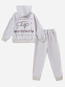 SHEIN Tween Boy 2 Pieces Casual Cool Long Sleeve Hooded Top And Pants Set, Leading Fashion Light Grey Sports Outfit; Combining Letters And Graphics, This Design Is Not Only Fashionable And Elegant, But Also Meaningful. The Hooded Top Perfectly Integrates Fashion And Sports, And Can Also Easily Create A Stylish Street-Style Look. - Khaki - View 2