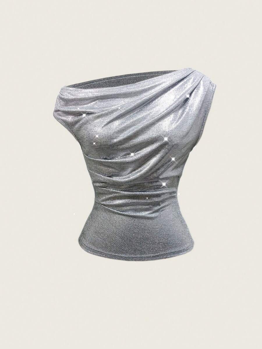SHEIN Essnce 女士银色闪光上衣休闲时尚90年代街拍春秋纯色褶皱领PU无袖上衣外出上衣不对称领口上衣适合外出和派对新年女士生日女士情人节 - 銀色 - 查看 1