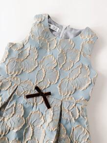 PrepCrw Young Girls' Spring/Summer Blue Jacquard Weave School Style Waist Gathered A-Line Round Neck Dress