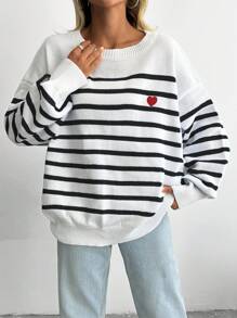 EURMUSE Striped & Heart Pattern Drop Shoulder Sweater - Black - View 5
