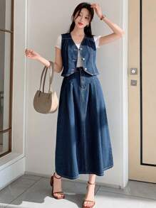 DAZY Damen Gewaschenene zweifarbige Denim-Weste und Denim Rock im Cowgirl-Stil, Frühling/Sommer