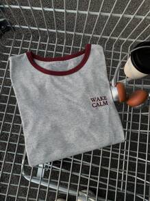 DAZY Áo thun tay ngắn cổ tròn in chữ Colorblock Splice 2 trong 1 dành cho nữ - Xám - Xem 2