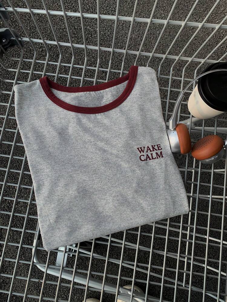 Colorblock Splice 2 In 1 Letter Print Round Neck Minimalist Short Sleeve T-Shirt For Women