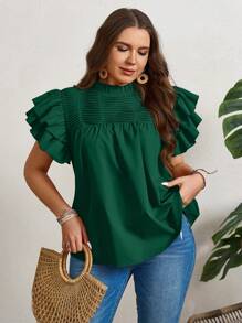 SHEIN LUNE 大码纯色荷叶边简约衬衫，女士休闲日常穿着夏季情人节商务休闲女士外出上衣女士商务休闲女士海滩圣帕特里克节春假圣帕特里克节户外日常穿着必备品 - 墨綠色 - 查看 4