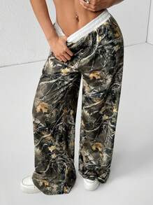 SHEIN PETITE 枯树迷彩印花白色撞色缝线腰带针织女式阔腿长裤和运动裤