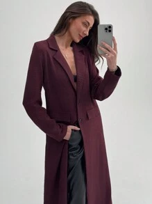 Aloruh Chaqueta larga casual de un solo pecho con cuello vuelto de color liso para mujer, para otoño - Gris - Ver 2