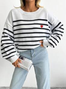 EURMUSE Striped & Heart Pattern Drop Shoulder Sweater - Black - View 3