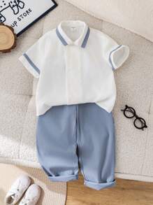 2 件套年轻男孩学院风拼布撞色领双排扣短袖衬衫和裤子绅士装，适合儿童装、男孩服装、返校、校服、幼儿园、生日派对、晚会、婚礼、洗礼、毕业典礼