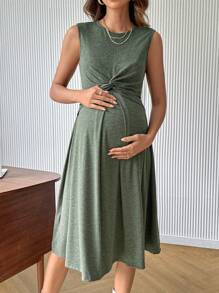 SHEIN Vestido de lactancia con cuello redondo sin mangas con nudo retorcido para maternidad