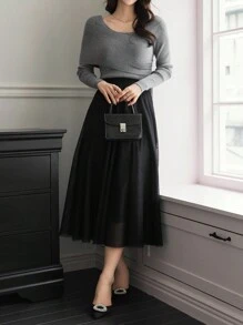 DAZY Áo len dệt kim tay dài bất đối xứng màu trơn, họa tiết sọc đơn giản dành cho nữ, quần áo mùa thu cho nữ - Xám - Xem 6