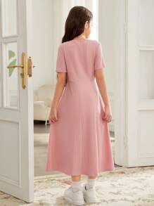 SHEIN Leap Crew Tween Girls' Casual Simple Button Decor Ribbed Knit Ruffle Hem Short Sleeve Mid-Calf Dress, Light Pink - Dusty Pink - View 2