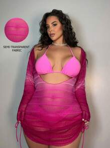 Swim SXY 夏季海灘霧面漸層寬鬆連帽披風，側邊帶束繩細節，適用於大尺碼 - 玫紅色 - 查看 1