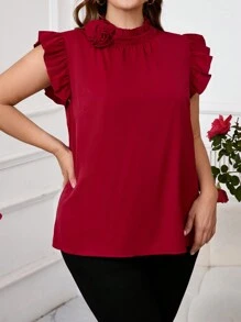 SHEIN Clasi Curvy Plus Size damska czerwona jednolita kolorystyka 3D kwiatowa dekoracja plisowana elegancka codzienna koszula bez rękawów, wyjście, walentynki, stroje wakacyjne kobieta, walentynki, swobodne sukienki dla kobiet, ubrania walentynkowe, serce, kochanek, top tuba, wyjściowe topy damskie, biznesowa swobodna kobieta, urocze koszule, styl starych pieniędzy kobiety