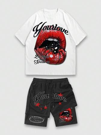 Street Life Conjunto de camiseta casual de manga corta con cuello redondo y estampado de eslogan y labios, y shorts con cordón en la cintura para hombre